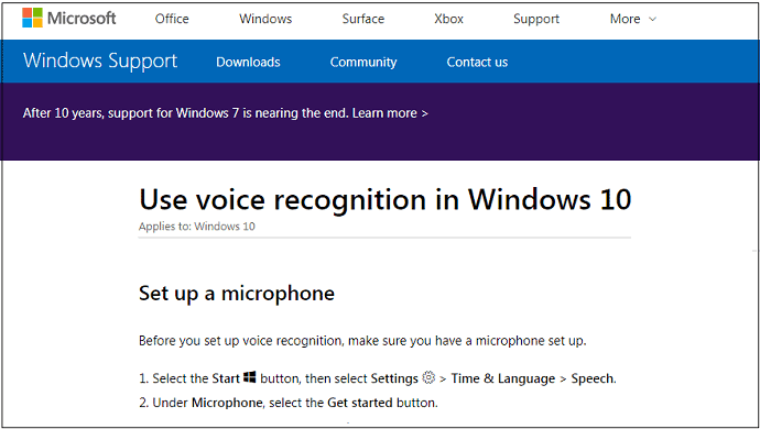 Microsoft-Support-WebPage-To-Set-up-Windows-10-Riconoscimento vocale