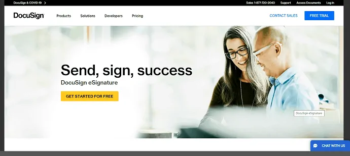 Homepage der DocuSign-Online-Signatursoftware-Website.