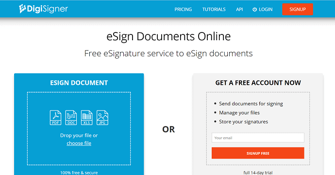 Pagina iniziale del sito del software per la firma online di Digisigner.