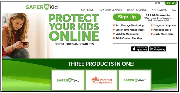 Pagina web a aplicației SaferKid-Text-Monitoring-Parental-Control pentru utilizatorii-iPhone