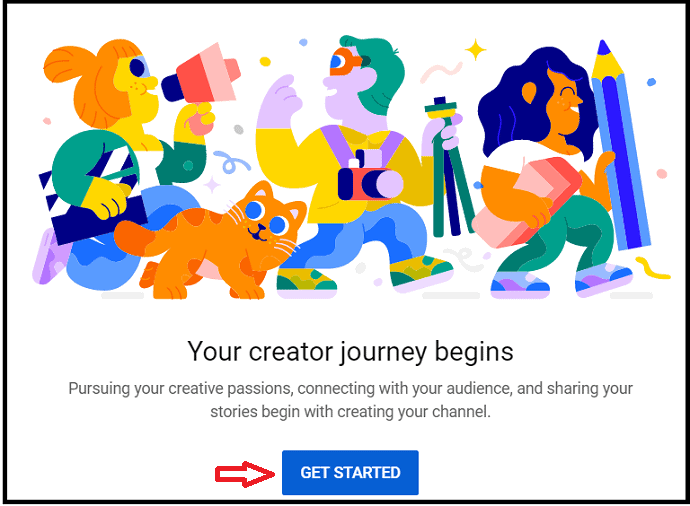 cliquez sur le bouton GetStarted pour créer une chaîne sur YouTube