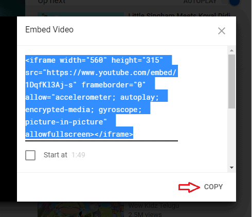 Copia del codice HTML di un video di YouTube utilizzando l'opzione Incorpora