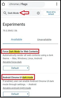 Cerca i flag della modalità oscura su Android Chrome