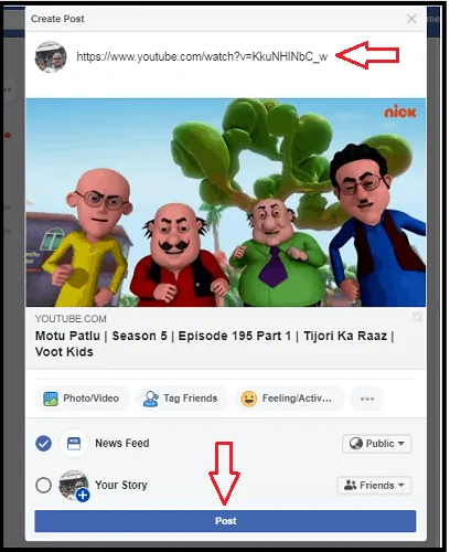 Coller l'URL de la vidéo YouTube sur la page Facebook Créer une publication