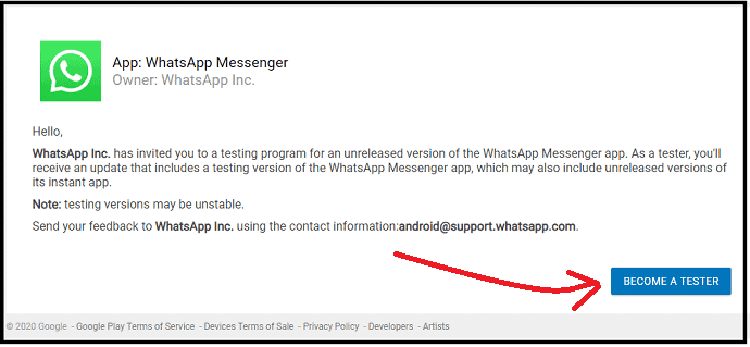 Pagina web WhatsApp-Beta-Test-che-ti-invita-a-testare-la-versione-inedita-dell'app WhatsApp Messenger