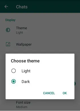 Dark Option บนโปรแกรม Android WhatsApp Beta