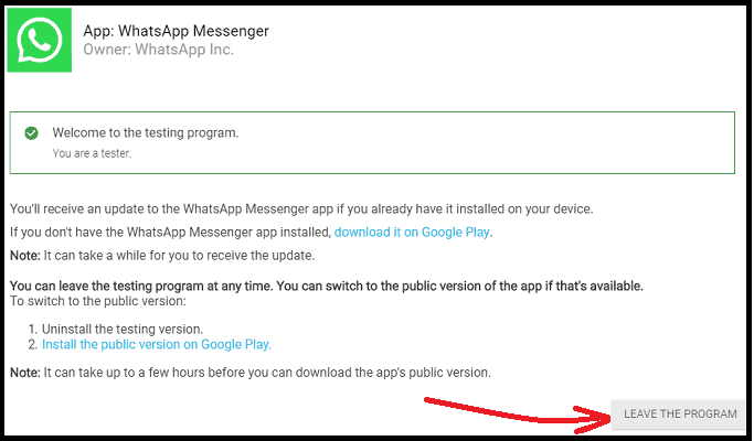 Programdan çıkmak için WhatsApp-beta-Test-web sayfası