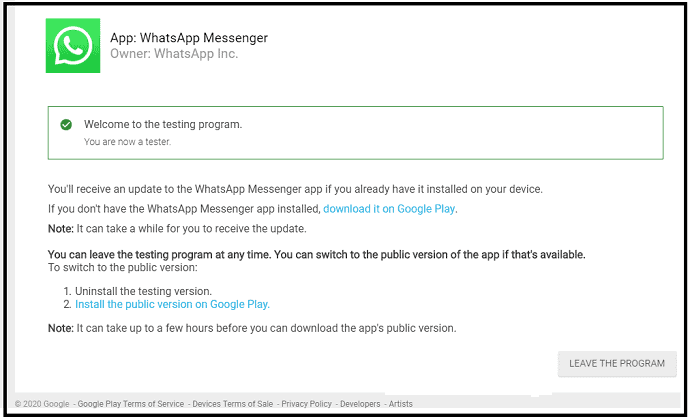 Mensaje de confirmación de WhatsApp Inc de que ahora eres un probador