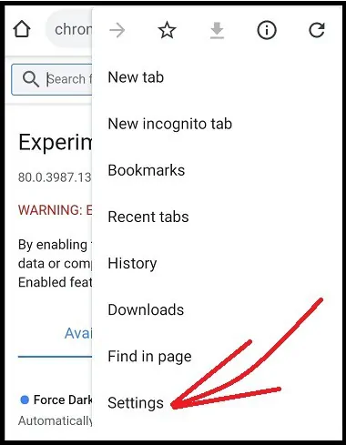 Configurações no Android Chrome