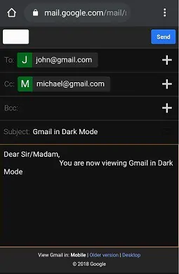 Gmail- إنشاء بريد إلكتروني في الوضع المظلم