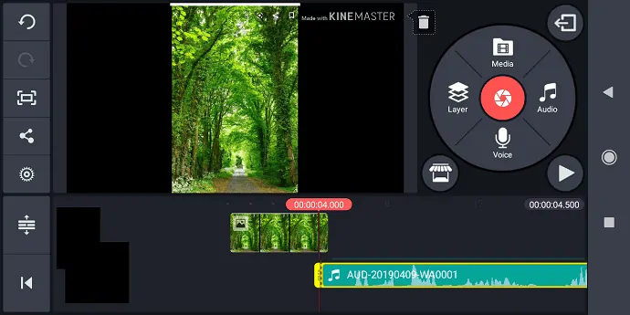 ปุ่มเข้าถึงทั้งหมดของ KineMaster-like-Media, Audio, Share และอื่นๆ