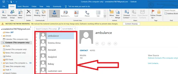 în cele din urmă toate contactele sunt importate în Outlook.