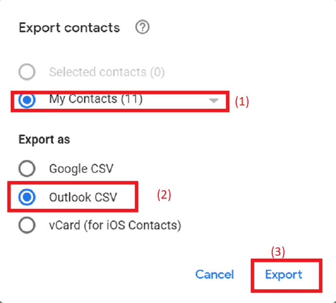 sélectionnez les contacts et le type d'exportation.