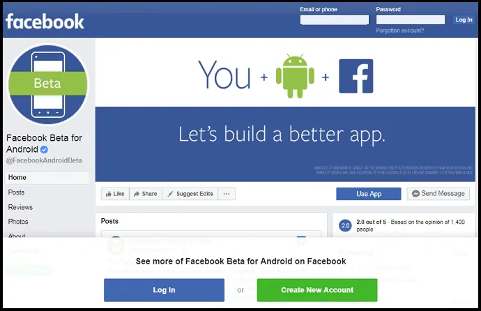 Pagina web dell'app Facebook Android Beta