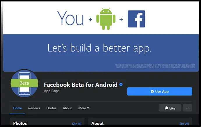 Pagina web Facebook Beta pentru Android