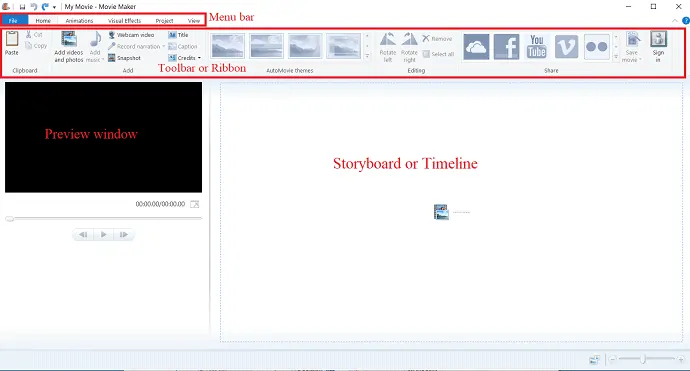 Windows Movie Maker-Bildschirm.