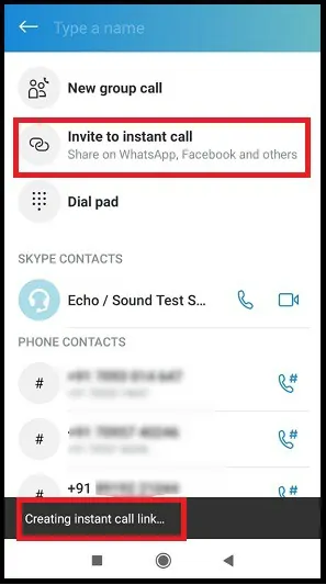 Invitar a opción de llamada instantánea en la aplicación móvil de Skype para invitar a cualquiera a unirse a una videollamada grupal de Skype