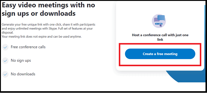 Cree una opción de reunión gratuita en el sitio web de Skype para organizar reuniones de video gratuitas en Chrome sin registros ni descargas
