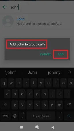 Ajout d'un deuxième participant à l'appel vidéo du groupe WhatsApp