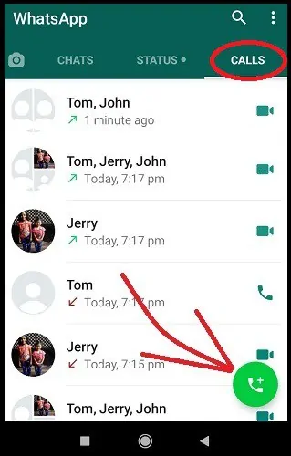 Icône d'appel sous l'onglet APPELS dans WhatsApp