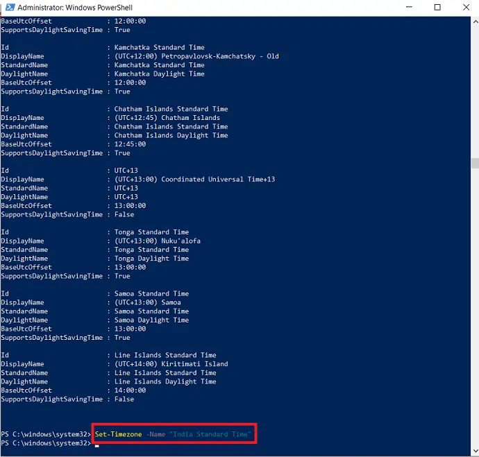 ใช้คำสั่ง set-Timezone เพื่อตั้งค่าเขตเวลา