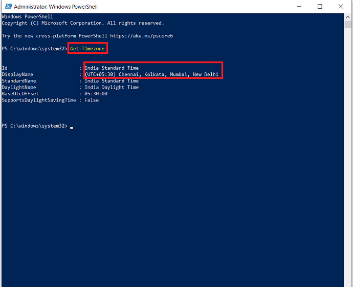 Verwenden Sie den Befehl Get-Timezone.
