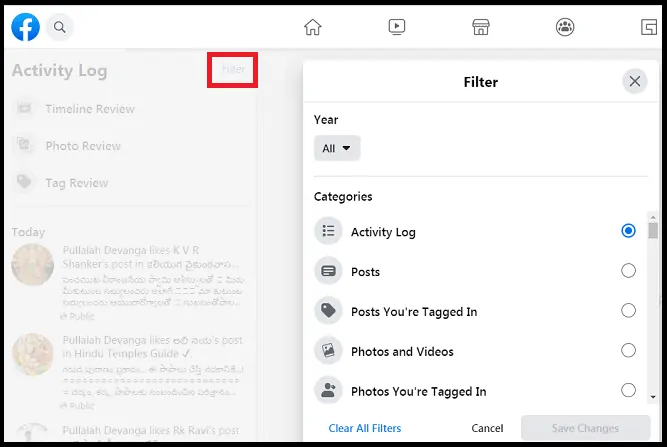 Filter-option-under-activity log-on-New Facebook 프로필 페이지