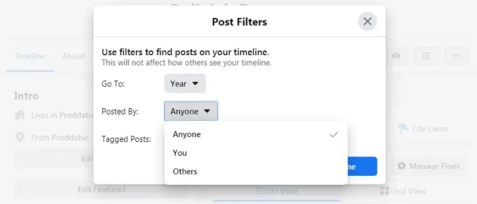 Opciones de filtros en la nueva página de perfil de Facebook