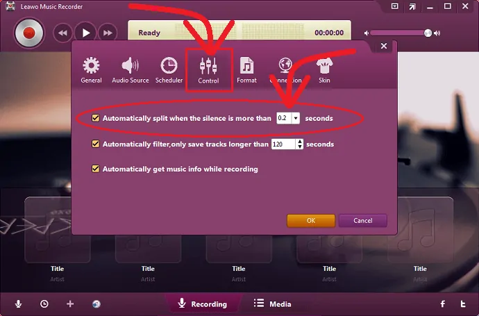 Establezca el toque de tiempo entre dos grabaciones de música en Leawo Music Recorder para dividir automáticamente sus grabaciones en función de este tiempo establecido