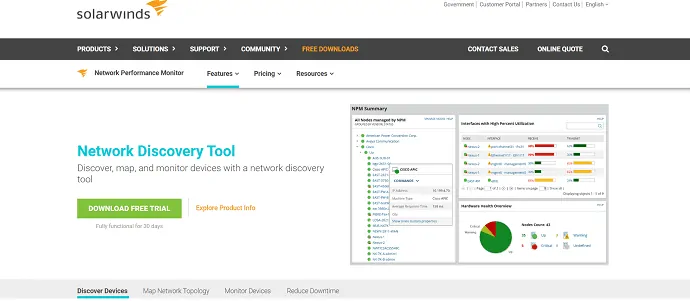 Solarwinds Network Discovery tool-mapuje, wykrywa i monitoruje urządzenia za pomocą narzędzia do wykrywania sieci.