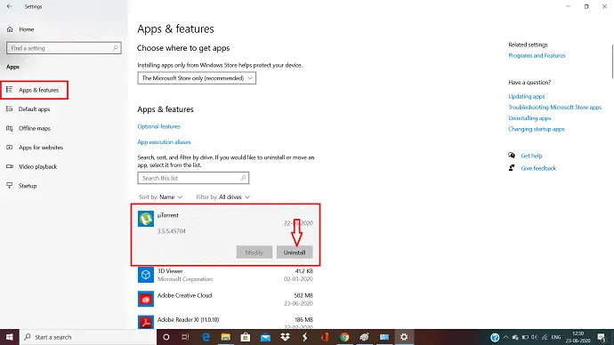 selectați aplicația uTorrent și faceți clic pe opțiunea de dezinstalare.