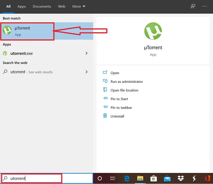 시작 메뉴에서 uTorrent 앱을 검색합니다.
