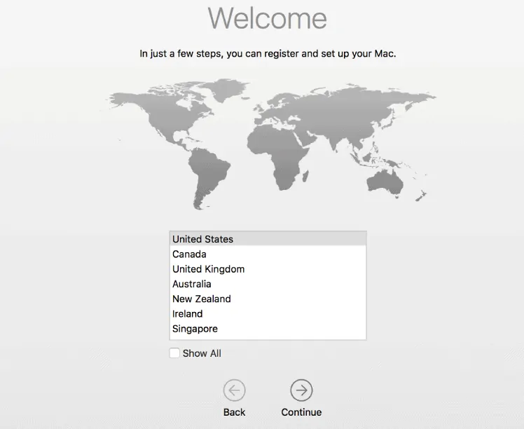 เลือกประเทศตั้งค่า Mac ใหม่