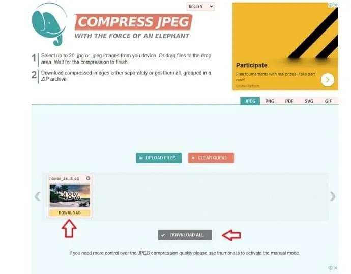 Etapa 2 ajuste o nível de compactação passando o mouse sobre a miniatura da imagem. Por último, clique no botão de download