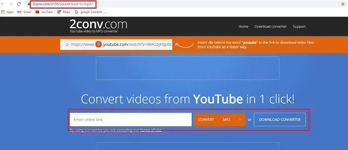 2conv - site-ul online utilizat pentru a converti audio sau video în MP3 sau în alte formate.