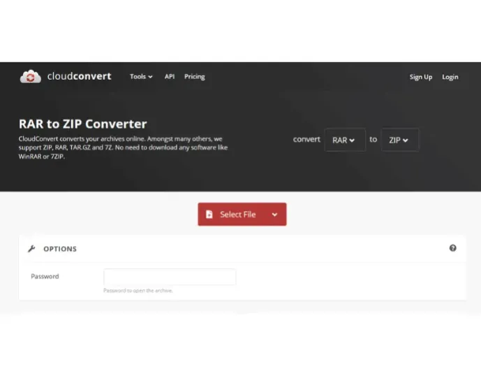 Converter RAR para Zip online usando cloudconvert