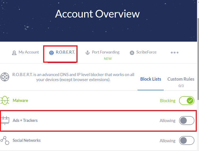 Ads + Trackersオプションを有効にする-To-Know-How-To-Block-Ads-Using-R.O.B.E.R.T-by-Windscribe