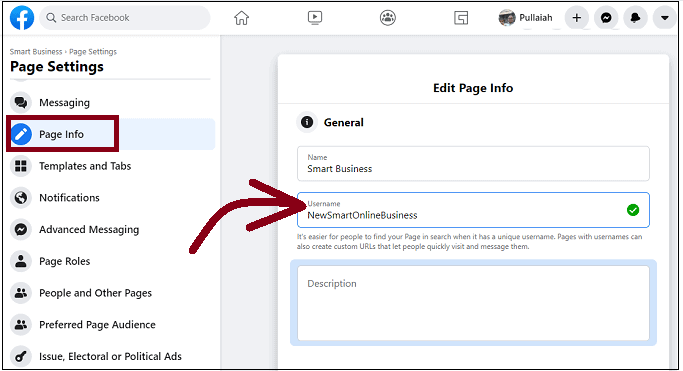 how to change fb page url name