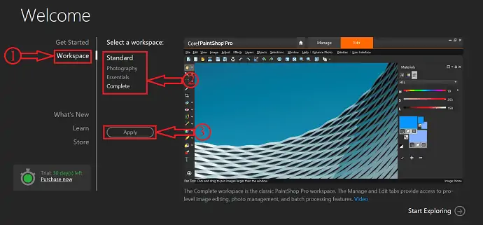 ยินดีต้อนรับอินเทอร์เฟซของ PaintShop Pro