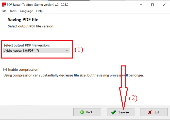 pilih keluaran versi file PDF dan simpan file