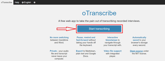 صفحة OTranscribe الرئيسية