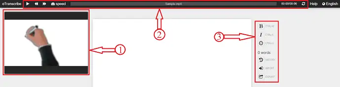 Interfaccia di lavoro di OTranscribe