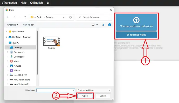 Importa file video/audio in OTranscribe