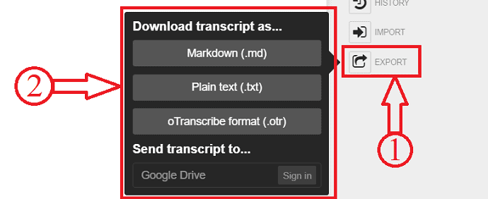 OTranscribeのエクスポートオプション