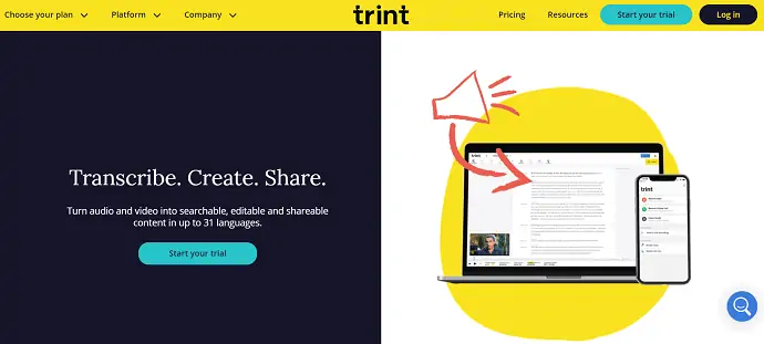 Homepage di Trint