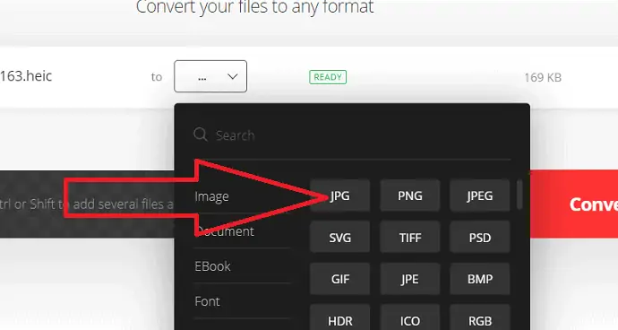 Pilih format output sebagai JPG