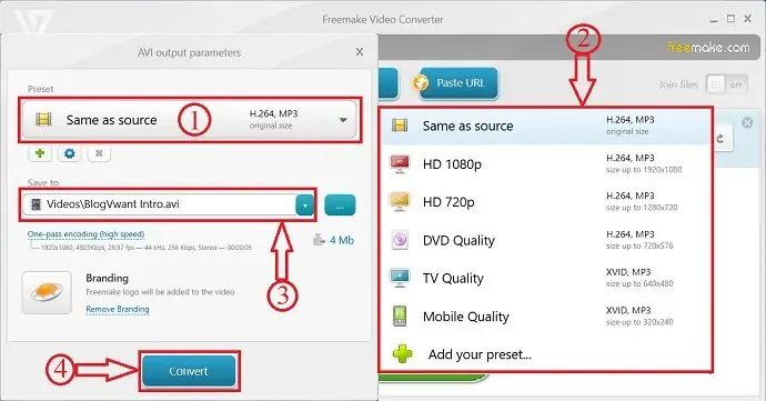 Freemake Video Converter çıkış parametreleri