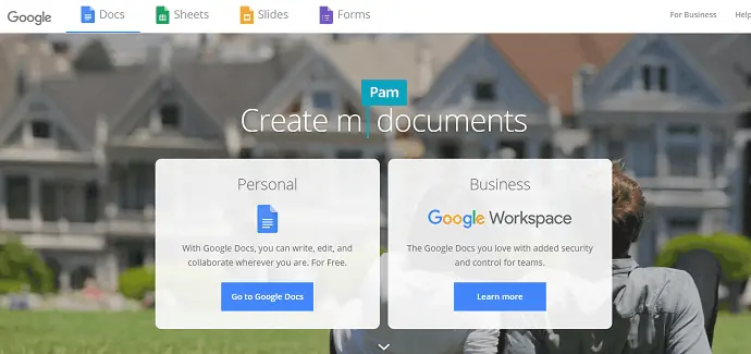 Page officielle de Google Documents