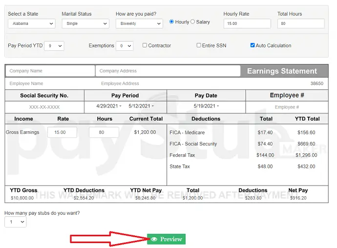 Paystub oluşturucu şablonu.