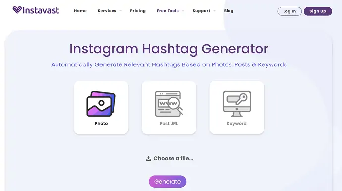 Homepage des Instavast-Hashtag-Generators